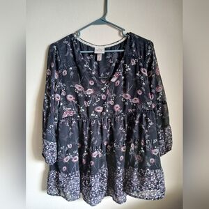 Knox Rose Boho Floral Blouse Babydoll Top Flowy Elastic Sleeve Sheer Sz M
